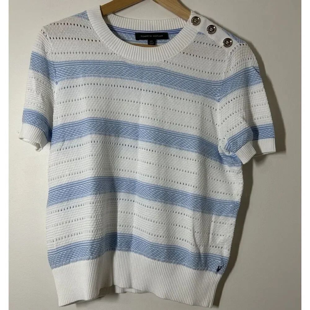 Tommy Hilfiger 100% Cotton Blue and White Striped Crewneck Short Sleeve Sweater